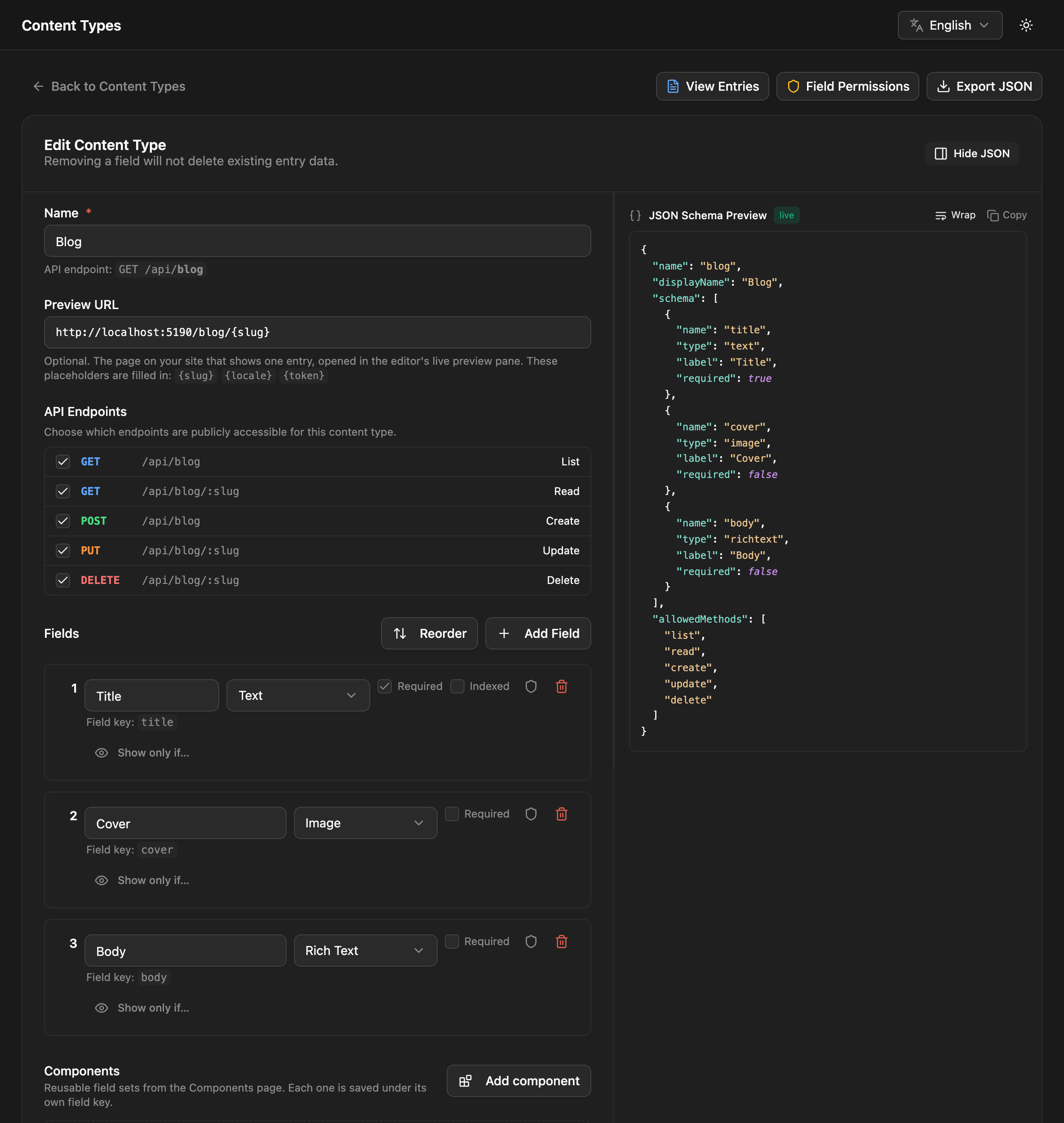 Content type editor with fields on the left and the live JSON schema on the right