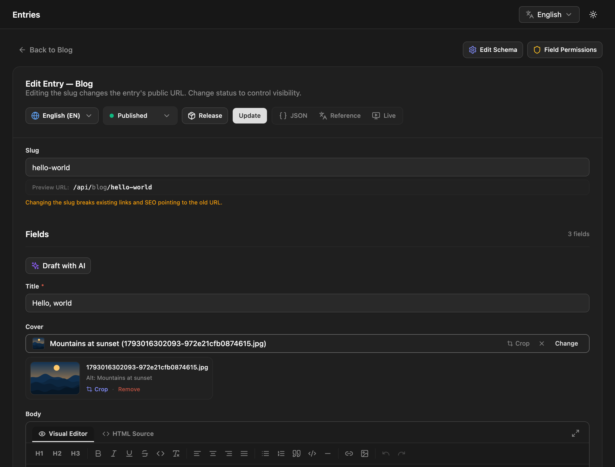 Entry editor with status, release and live preview controls