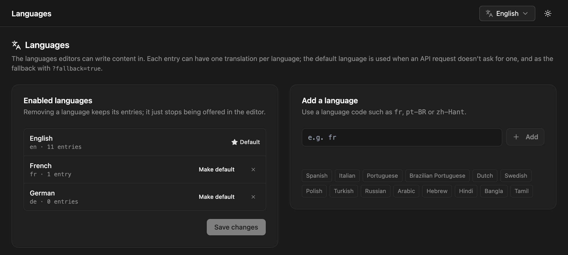Languages settings with content locales