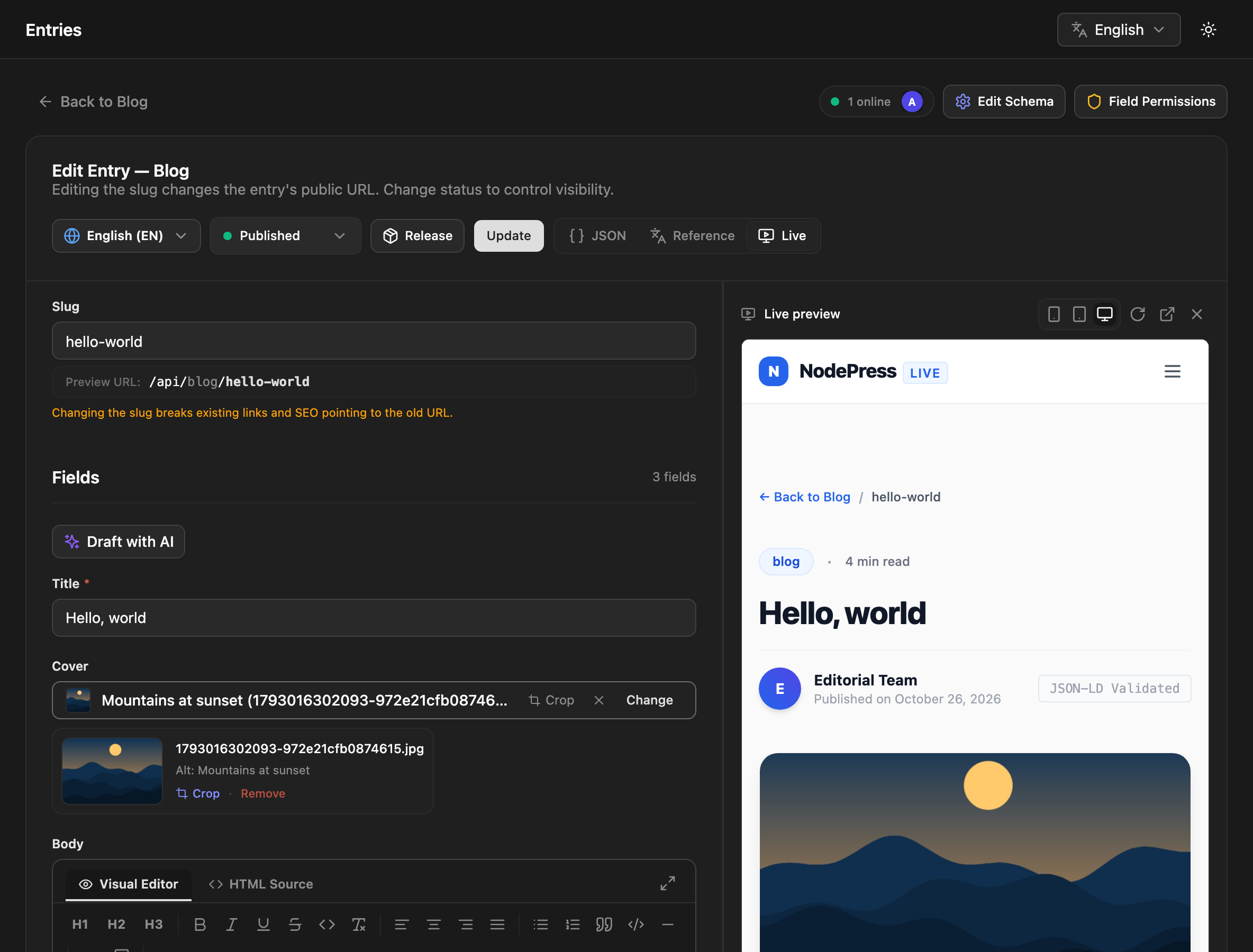 The NodePress entry editor with the live preview pane open next to the form