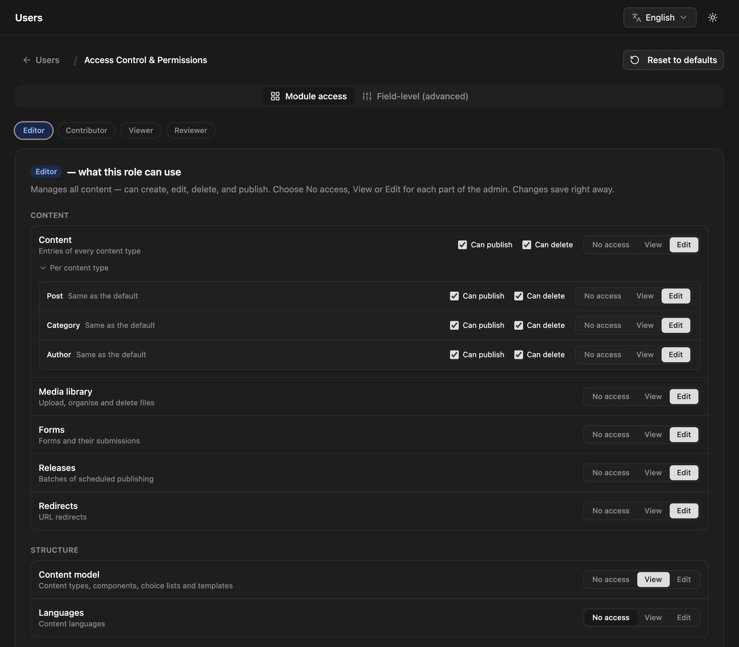 Permissions page with module access levels for the Editor role