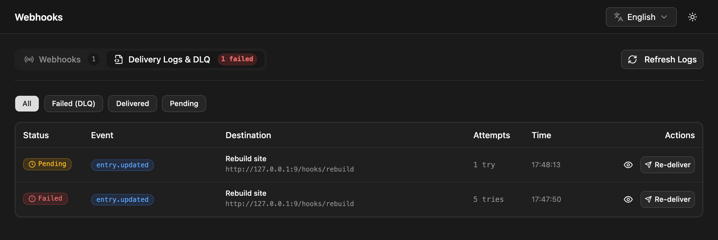 Webhook delivery log with statuses and retry attempts