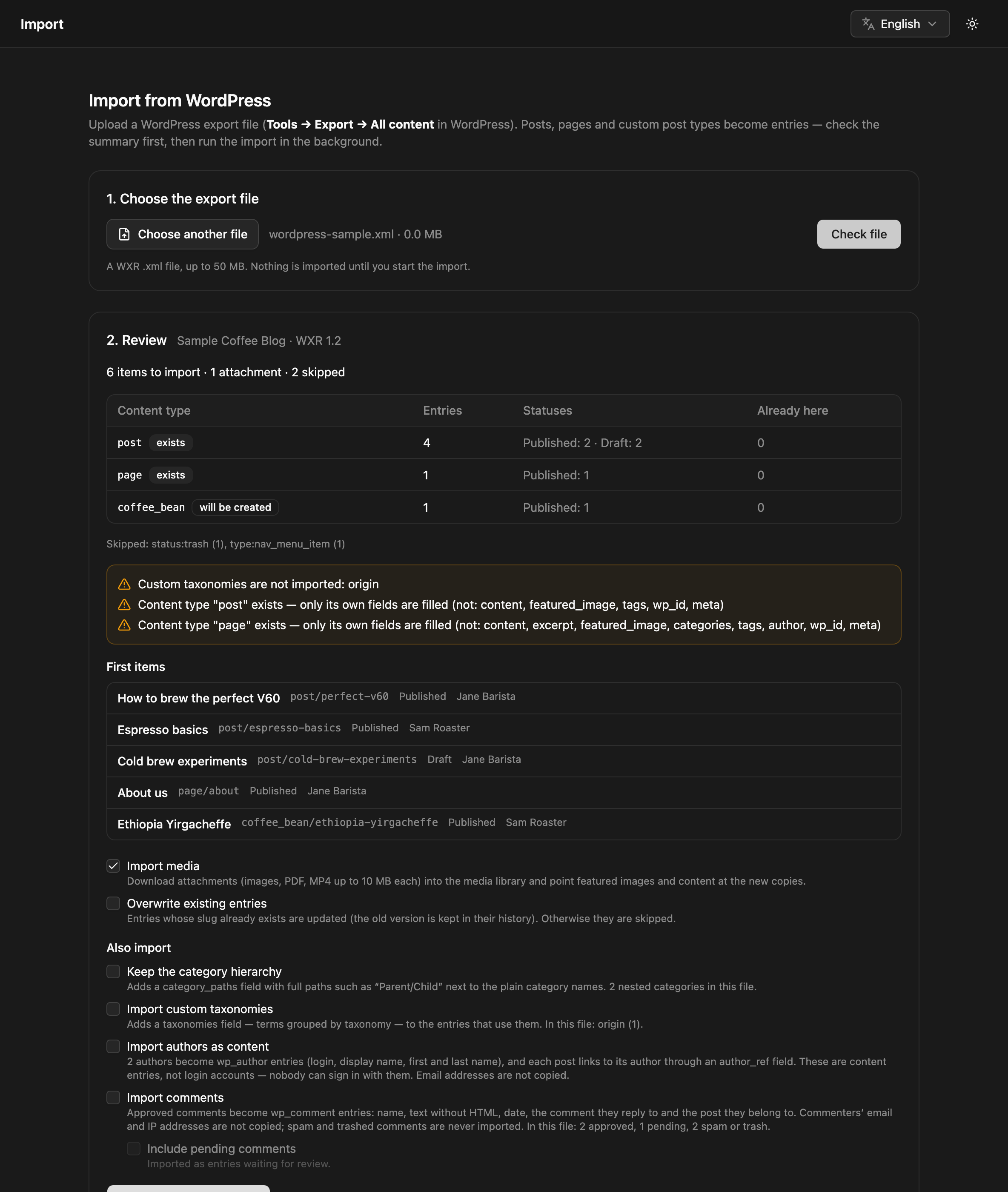 WordPress import screen with mapping options